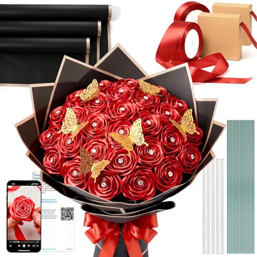Caydo Red Ribbon Rose Bouquet for Gifts - color: Red