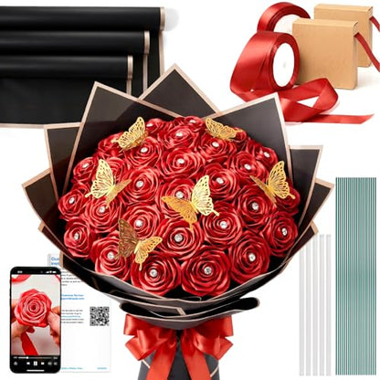 Caydo Red Ribbon Rose Bouquet for Gifts - color: Red