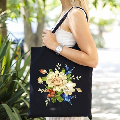 Canvas Tote Bag Silk Ribbon Embroidery Kit for Beginners Arts DIY Crafts Starter Kit Include Stamped Bag Threads Hoop - color: Color #3, Black Bag