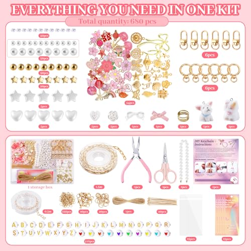 Wurosi Pink 680PCS Keychain Making Kit DIY Crafts, DIY Bag Charm Kit - color: 680 Pcs Pink Keychain Kit