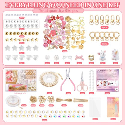 Wurosi Pink 680PCS Keychain Making Kit DIY Crafts, DIY Bag Charm Kit - color: 680 Pcs Pink Keychain Kit