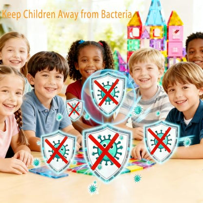 Antibacterial Magnetic Tiles, 192PCS 3D STEM Building Blocks Set - size: 192 PCS (6 Boxes of 32PCS Set)