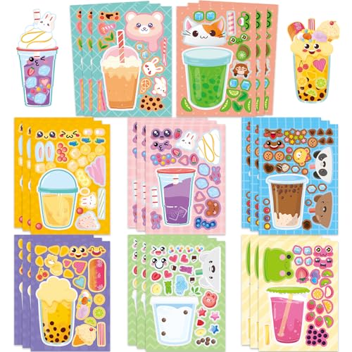 24 Sheets Bubble Tea Make a Face Sticker, Make Your Own Milk Tea Stickers Drink Mix and Match Sticker for Home School Classroom Crafts Activities Reward Birthday Party Favors - style: Bubble Tea