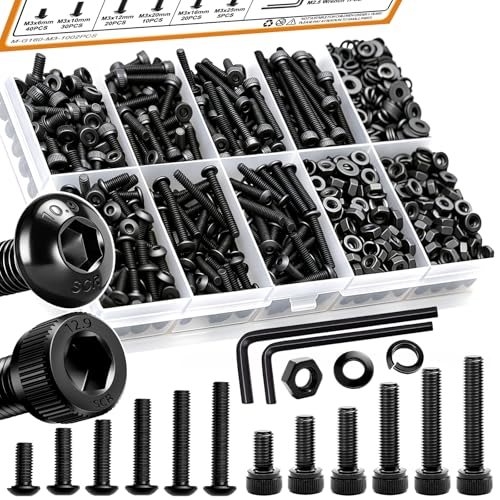 mankk 1002PCS M3 Screws Assortment Kit M3x6/10/12/16/20/25mm Hex Socket Button & Cap Head Screws Bolts Kit 12.9 & 10.9 Grade Black Alloy Steel Machine Screw - size: M3, style: Button&Hex Socket Cap