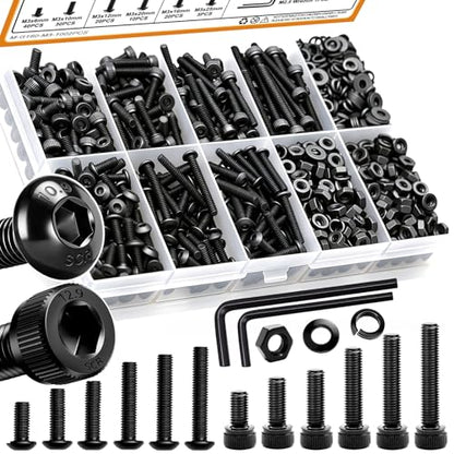 mankk 1002PCS M3 Screws Assortment Kit M3x6/10/12/16/20/25mm Hex Socket Button & Cap Head Screws Bolts Kit 12.9 & 10.9 Grade Black Alloy Steel Machine Screw - size: M3, style: Button&Hex Socket Cap
