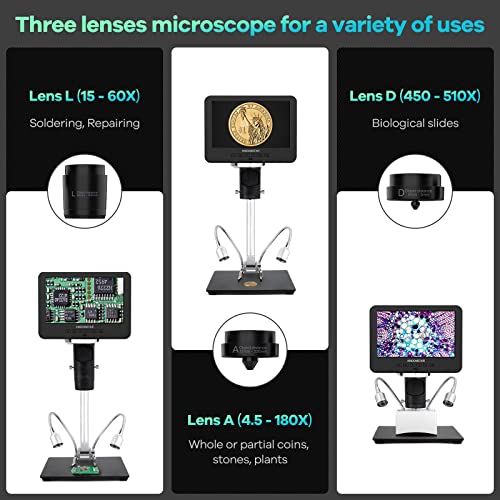 Andonstar AD246-M Digital Microscope for Adults, 3 Lens Soldering Microscope, 1080P FHD Video Record, 7 Inch LCD 500x, Coin Full View, Biological Kit with 32G Card, Prepared Slides