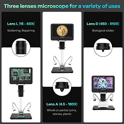 Andonstar AD246-M Digital Microscope for Adults, 3 Lens Soldering Microscope, 1080P FHD Video Record, 7 Inch LCD 500x, Coin Full View, Biological Kit with 32G Card, Prepared Slides