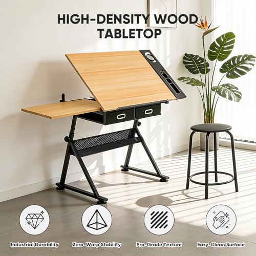 Magshion Drafting Table for Adults w/Stool, Natural - color: Natural & Black