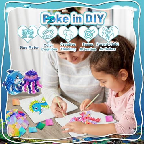 JRD&BS WINL Magical Ocean Animal Poke Art - Dolphin, Jellyfish, Seahorse, Turtle, Octopus, No-Mess Craft Kit for Kids 4-9,Marine Biology Learning Toy, Creative Gift for Preschoolers - style: marine life