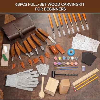 68-Piece Wood Carving Kit for Adults and Beginners, 16 Whittling Knives & Chisels, 8 Basswood Blocks, Leather Tool Roll, Safety Gloves, Paints and Templates, Carving Gift Set for Men