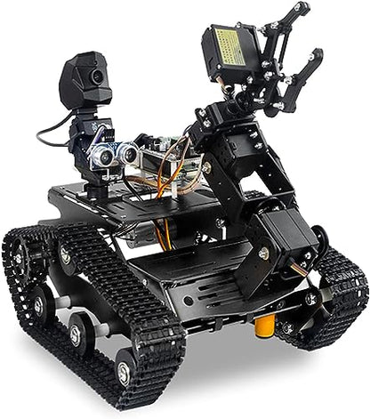 Smart WiFi Robot Kit with Raspberry Pi 5, 4DOF Robotic Arm Track Tank Chassis Robot Car with 2DOF HD Camera Ultrasonic Infrared Sensor, Programmable AI Robot Kit for Adults & Teens (Black) - color: Black