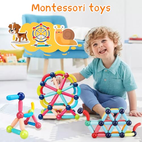 64PCS Magnetic Building Blocks, Montessori Magnet Toys for Kids Ages 3+, STEM Learning Toys for Boys and Girls, Creativity Kids Game