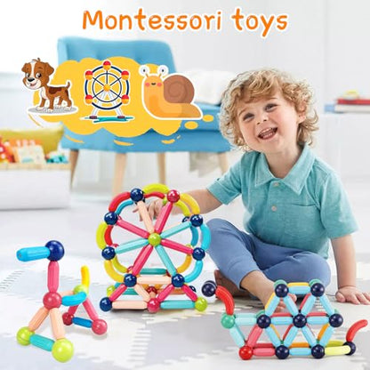 64PCS Magnetic Building Blocks, Montessori Magnet Toys for Kids Ages 3+, STEM Learning Toys for Boys and Girls, Creativity Kids Game