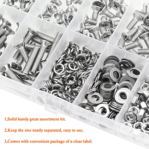 HELIFOUNER 380 Pieces M4 x 5mm /6mm /8mm /10mm /12mm /16mm /20mm, Phillips Countersunk Head Machine Screws, Metric Screws Bolts Washers Nuts Kit, 304 Stainless Steel - size: M4, style: Phillips Countersunk Head