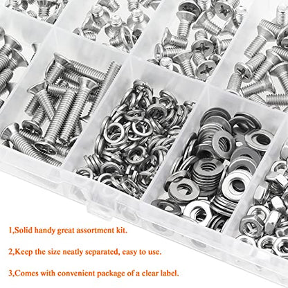 HELIFOUNER 380 Pieces M4 x 5mm /6mm /8mm /10mm /12mm /16mm /20mm, Phillips Countersunk Head Machine Screws, Metric Screws Bolts Washers Nuts Kit, 304 Stainless Steel - size: M4, style: Phillips Countersunk Head