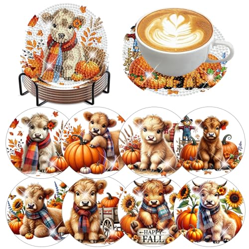 mrpwnle 8 Pcs Diamond Art Coasters Kits DIY Cow Diamond Painting Coasters - color: Fall Cow
