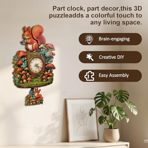 3D Wooden Puzzle Squirrel Clock Mechanical DIY Model Kit with Pendulum Forest Animal Gear Desk Clock Mushroom Decor Challenging Craft Gift for Adults Men Women