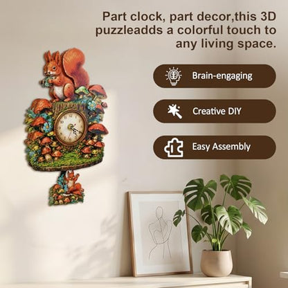 3D Wooden Puzzle Squirrel Clock Mechanical DIY Model Kit with Pendulum Forest Animal Gear Desk Clock Mushroom Decor Challenging Craft Gift for Adults Men Women