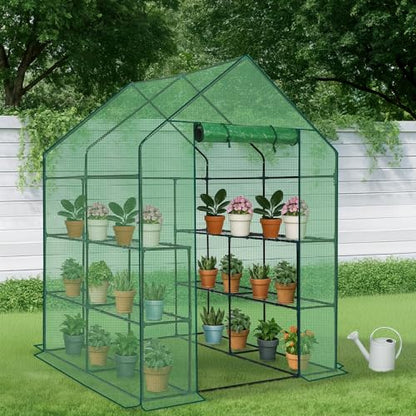 Outvita Walk-in Greenhouse, 3 Tiers 8 Shelves, Durable PE, 56"x56"x77" - style: 3 tiers 8 shelves
