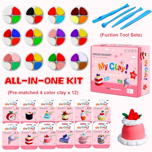 Kids Clay Air Dry Clay for Kids - Air Drying Modeling & Sculpting Kit,DIY 12 Box Food Dessert Cake Theme Arts & Crafts Clay Set,Ultra Soft Non-Sticky Bulk Party Favors & Party Crafts for Girls & Boys - color: Pink - Food Cakes Theme