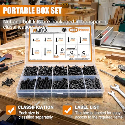 mankk 1001PCS M3 Screws,Hex Socket Button Head Bolt Assortment Kit M3 x 6/8/10/12/16/20/25/30mm Machine Screws with Nuts Washers 10.9 Alloy Steel Button Head Socket Cap Screws - size: M3, style: Button Head