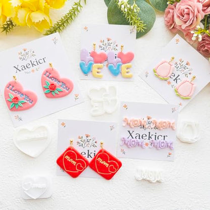Mother’s Day Polymer Clay Cutters & Stamps Set - 10pcs Sharp & Durable Mom, MAMA, LOVE, Puzzle Heart, Envelope & Cake Shapes for DIY Earring Jewelry Making, Soft Clay Crafts & Holiday Supplies - color: 2L color