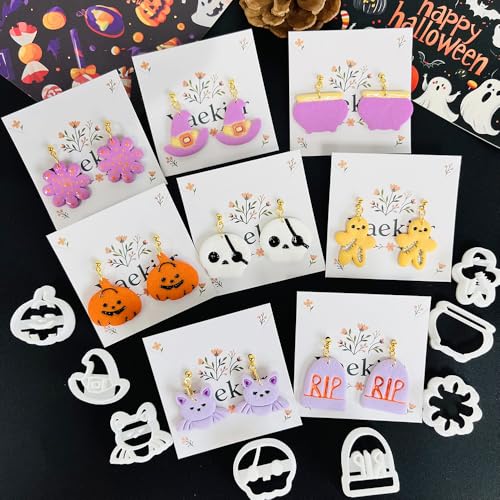 Xaekicr Halloween Polymer Clay Cutters Set – 8Pcs Clay Cutters for Earrings, Pumpkin Skull Witch Hat Molds for DIY Clay Jewelry Making - color: J color