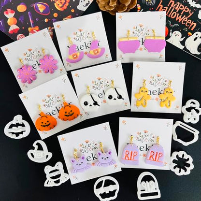 Xaekicr Halloween Polymer Clay Cutters Set – 8Pcs Clay Cutters for Earrings, Pumpkin Skull Witch Hat Molds for DIY Clay Jewelry Making - color: J color