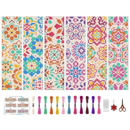 BEUNITONE 6 Pcs Mandala Cross Stitch Bookmark Kits for Beginners DIY Stamped Embroidery Bookmark Kit Colorful Floral Punch Needle Set with Instructions Craft Kit for Book Lover Gifts 8''x2.4'' - style: Small Mandala Pattern