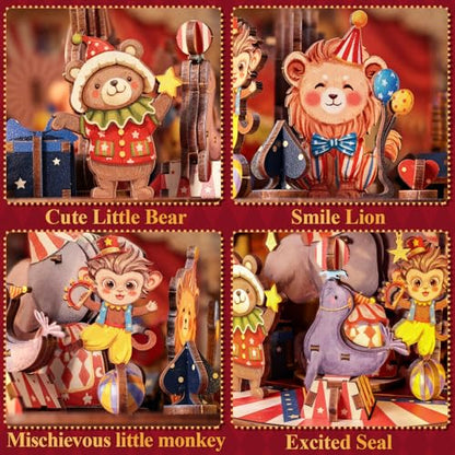 CUTEBEE 3D Wooden Puzzles Music Box - DIY Theater Model Kit with LED Light, 413 Pcs Rotating Miniature House Kit for Adults, Home Bookshelf Decor, Birthday Valentines Day Gifts (Animal Carnival)