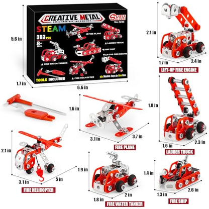 Building Fire Truck Set For Boys Age 8-12，Stem Assembly Metal 3-d Puzzle Fire Engine Model Car Building Kit Construction Toys，Parent-Child Interaction Gifts Erector Sets For Kids 8-16 Red（303pcs）