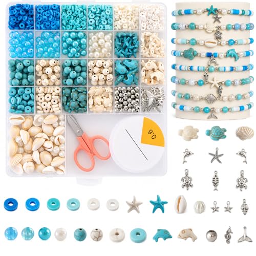 1900 PCS Ocean Beads for Jewelry Making, Shell Beads and Turquoise Style Beads with Pearl Beads, Starfish Shape Beads for Bracelets Necklace DIY Crafts - color: Blue White