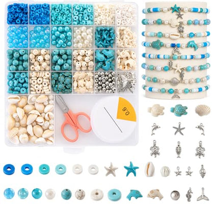 1900 PCS Ocean Beads for Jewelry Making, Shell Beads and Turquoise Style Beads with Pearl Beads, Starfish Shape Beads for Bracelets Necklace DIY Crafts - color: Blue White