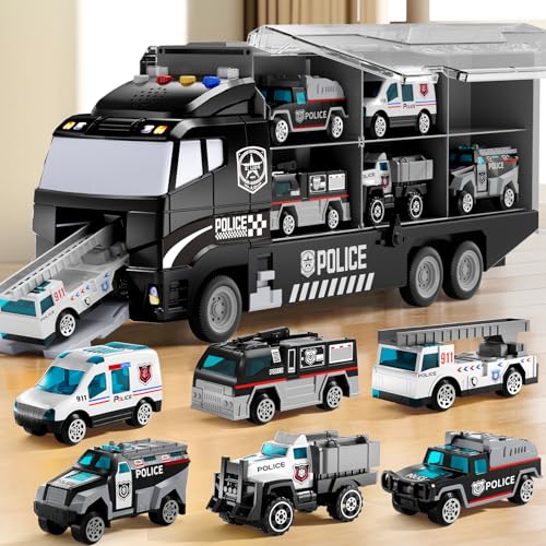NIPLOOOW Kids Boys Toys for 3 4 5 6 Years Old, Police Truck Vehicle Toy Set with Play Mat and Die-Cast Toy Car, Transport Carrier Truck for Kids, Birthday Gifts Toys for 3 4 5 6 7 8+ Year Old Boys - style: Police truck