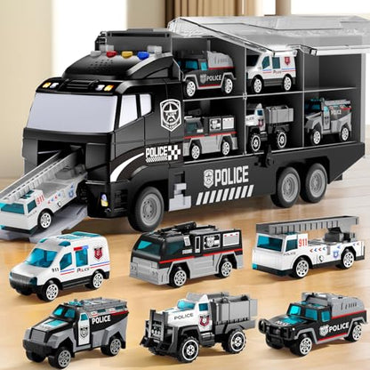 NIPLOOOW Kids Boys Toys for 3 4 5 6 Years Old, Police Truck Vehicle Toy Set with Play Mat and Die-Cast Toy Car, Transport Carrier Truck for Kids, Birthday Gifts Toys for 3 4 5 6 7 8+ Year Old Boys - style: Police truck