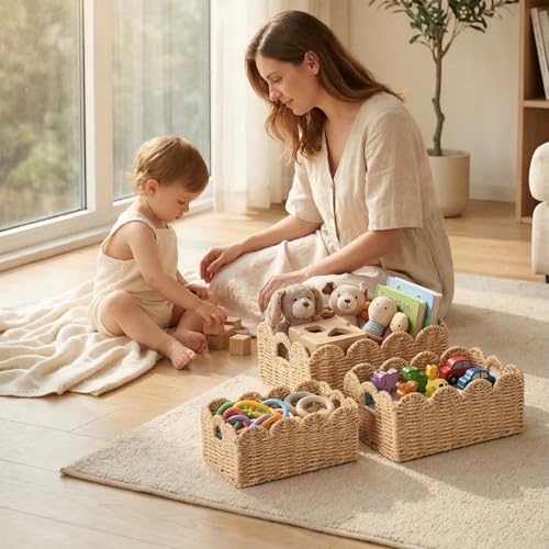Scalloped Wicker Baskets Set of 3, Hand-Woven Storage with Handles - color: Beige
