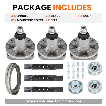 ILONPA 48 inch Deck Rebuild Kit with GY20050 Spindle Assembly for John Deere L120 L130, Includes Spindle GY20785, Blades GX20250, Idler GY20067 & GY22082, 1/2"x139" Belt GY20571 - size: 48 inch Spindle Kit Blade Blade