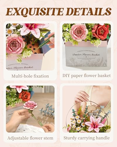 ROBOTIME 3D Wooden Puzzles for Adults, TW03H Wooden Flower Basket Craft Kit, Artificial Flowers Handheld Gift Box, Unique Gift for Birthday/Holidays/Homewarming