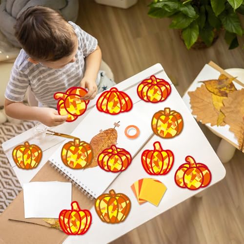Qyeahkj 36 Set Fall Pumpkin Suncatchers Crafts for DIY Autumn Window Tissue Paper Crafts Kit Thanksgiving Pumpkin Hanging Decor for Fall Home Activity Art Project Birthday Party Favor Gift - style: Fall Pumpkin