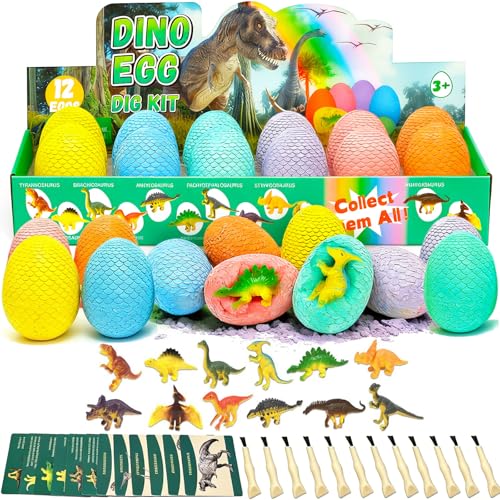 EXBEPE Dinosaur Eggs Excavation Dig Kit, 12 Fossilized Colorful Easter Dinosaur Egg with 12 Cards and 12 Dig Tools, Science Education STEM Toys for Boys & Girls Ages 3-12