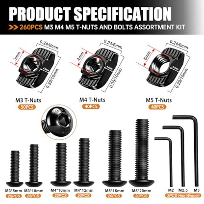 mankk 260PCS M3 M4 M5 T-Nuts Screws Assortment Kit 10.9 Grade Alloy Steel Metric Hex Button Head Cap Screws for 2020/3030/4040 Series Aluminum Extrusion,M-LOK System,3D Printing - size: M3/M4/M5 Kit
