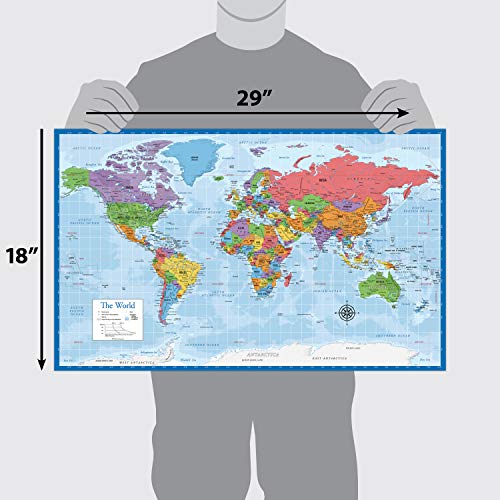 Laminated World Map & US Map Poster Set - 18" x 29" - Wall Chart Maps of the World & United States - Made in the USA - (LAMINATED, 18" x 29") - color: Blue