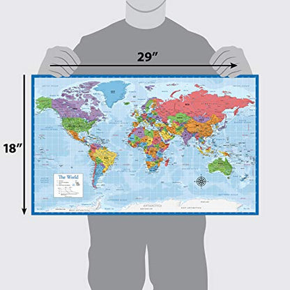 Laminated World Map & US Map Poster Set - 18" x 29" - Wall Chart Maps of the World & United States - Made in the USA - (LAMINATED, 18" x 29") - color: Blue