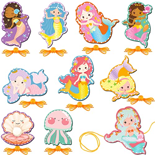 Pajean 10 Pcs Kids Lacing Cards Double Sided Animal Sewing Cards Kits 10 Styles Lacing Toy Crafts for Toddler Ages 6+ Developing Imagination Preschool Learning Activity Supplies(Mermaid Style) - style: Mermaid Style