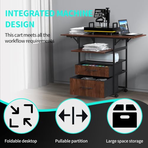 Heat Press Table with Pull-Out Tray, 4-Tier Rolling Workstation - color: Brown