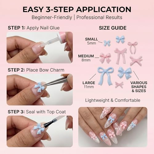 YOJO 3D Bow Nail Charms, Mixed Resin Ribbon Designs, 300pcs Pink White Blue Coquette Aesthetic Charms for Acrylic Nails DIY Crafts - color: Pink,White&Blue