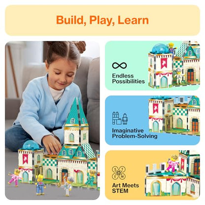 PicassoTiles 70pc Middle Age Medieval and Castle Theme Tile 2in1 8 Character Action Figures Magnet Tiles Building Block Pretend Magnetic Play Fine Motor Skill STEM Educational Construction Age3+ PTQ01 - color: Medieval and Castle