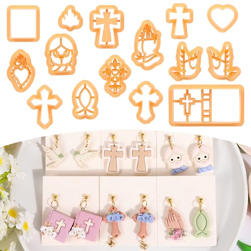 Puocaon Christian Polymer Clay Cutters - 15 Pcs Polymer Clay Cutters for Earrings Jewelry, Bible Books Jesus Cross Pigeon Shape