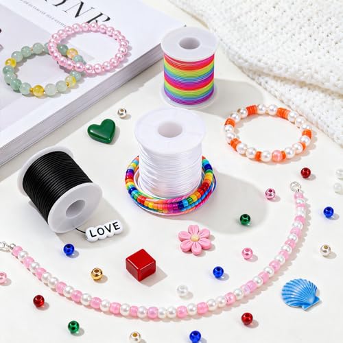 8pcs Elastic String Bracelet Making Kit, Stretchy Bracelet String (786 ft Total), 6 Rolls 1mm Stretch Cord with Scissors & 0.6mm Needle Threader for Beading and Jewelry Making.