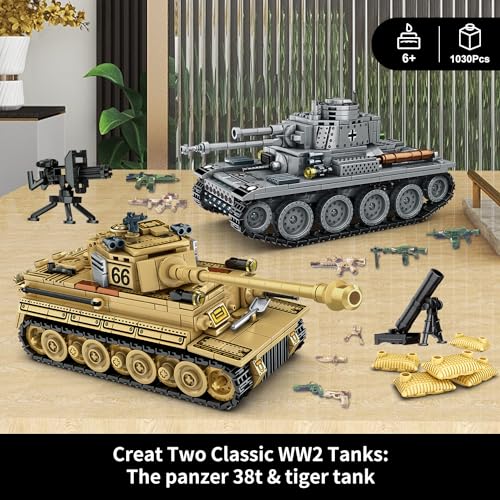 WINGIFT 1030 Piece WW2 Army Tanks Toy Building Sets,Create a German Panzer 38T and a German Tiger Tank Toys,Adult Collectible Model Tanks Sets to Build,Christmas Birthday Gifts for Boys,Teens,Adults